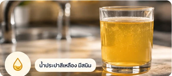 น้ำประปาสีเหลืองในแก้วใส